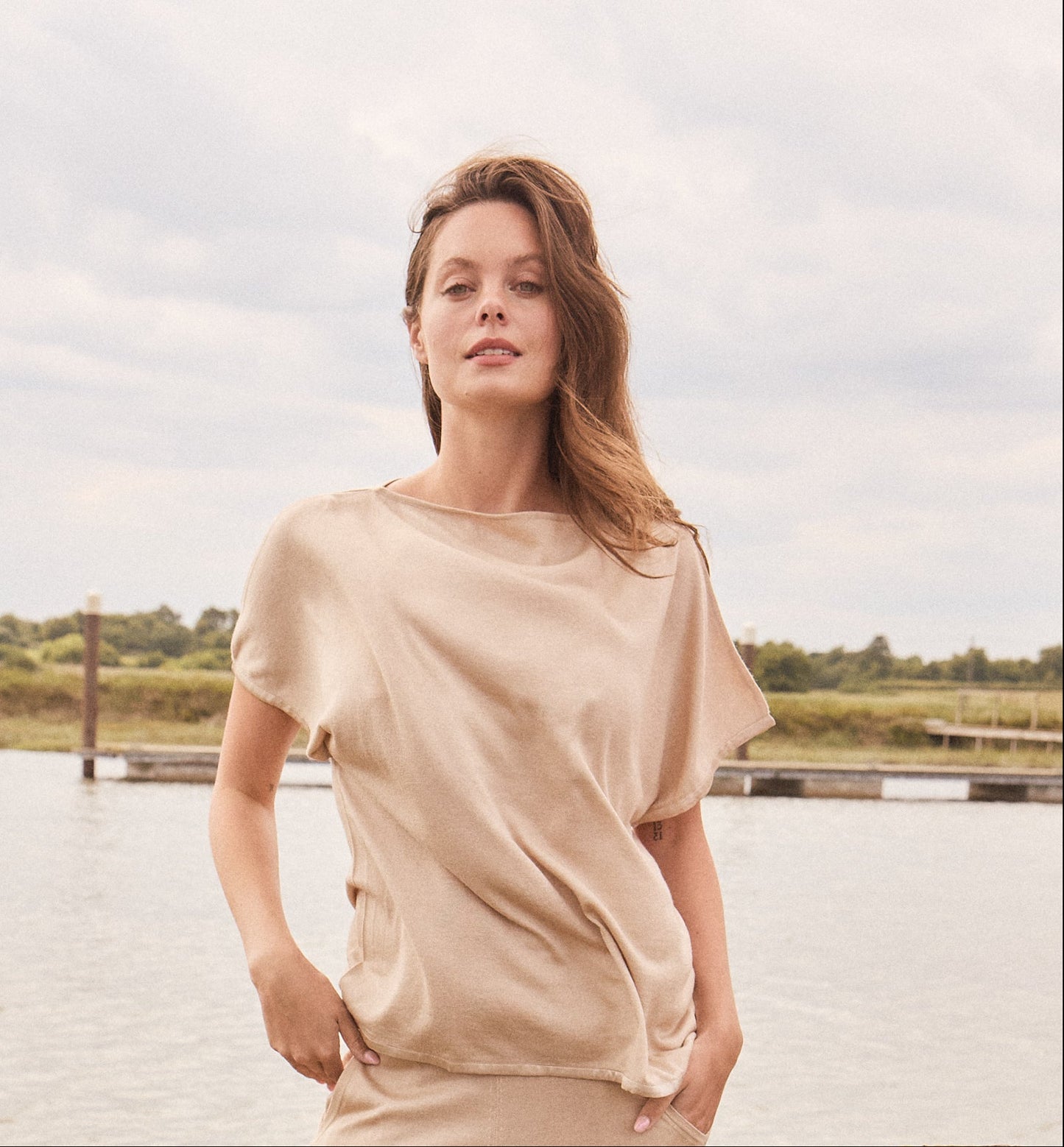 Short Sleeve Silk & Cashmere Boat Neck Top