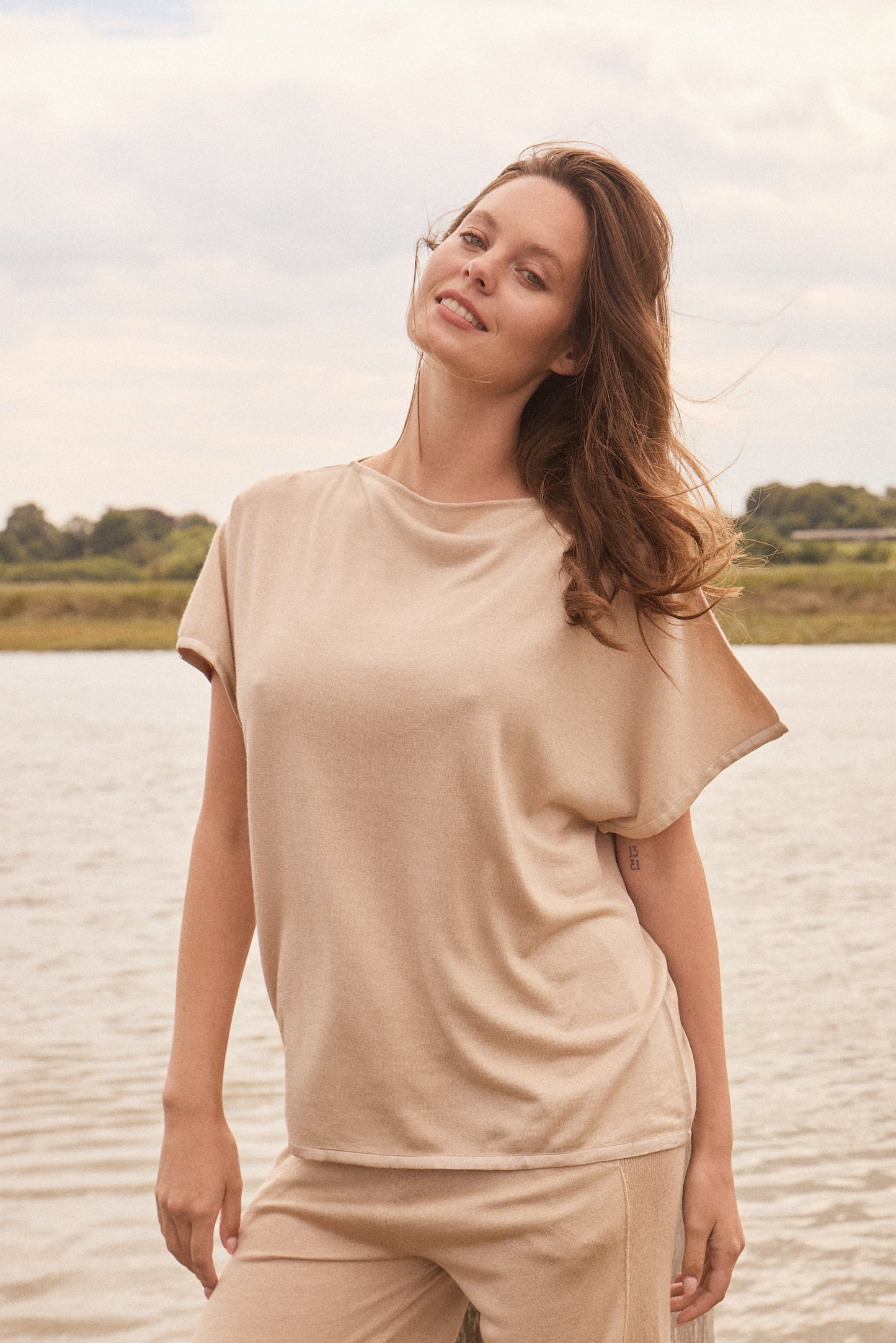 Short Sleeve Silk & Cashmere Boat Neck Top