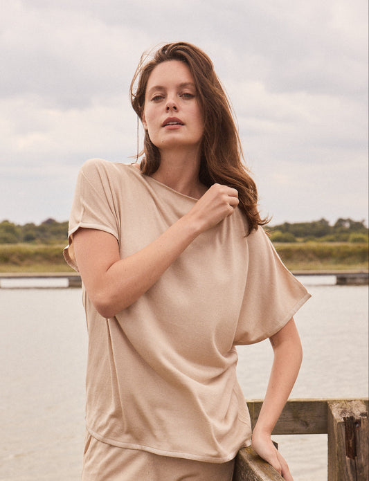 Short Sleeve Silk & Cashmere Boat Neck Top