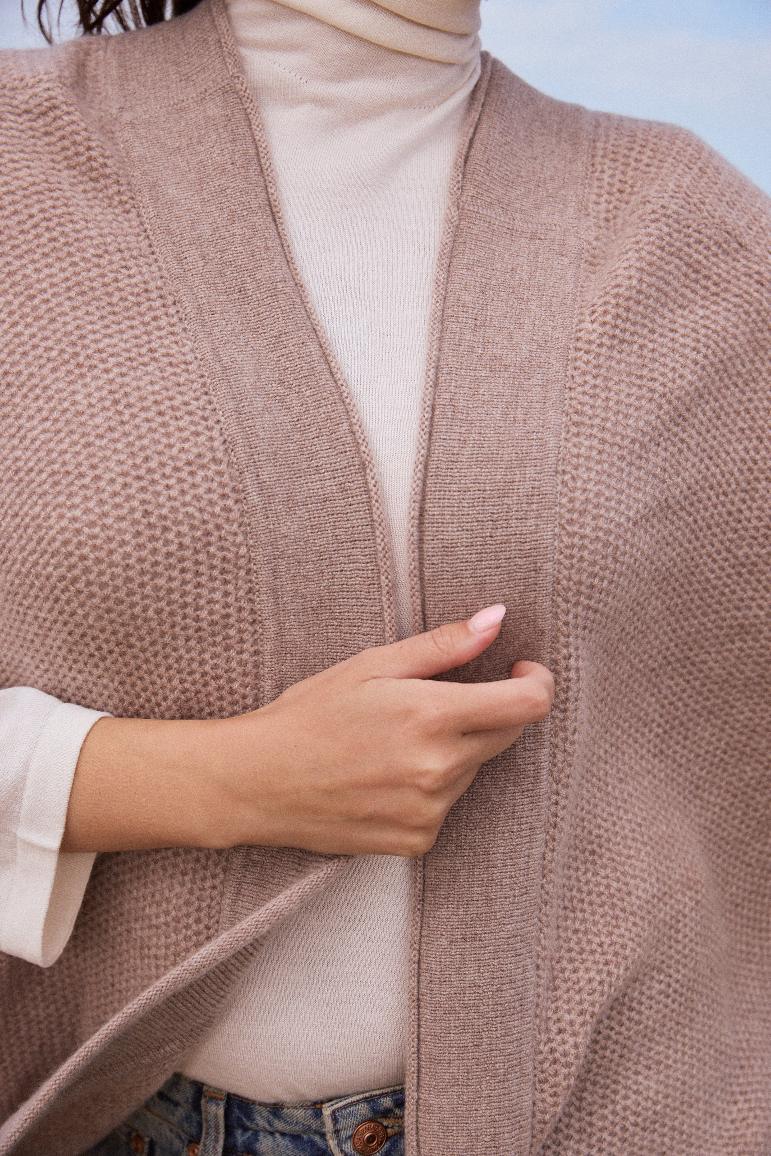 100% Cashmere 3/4 Length Open Cardigan With Batwing Sleeves