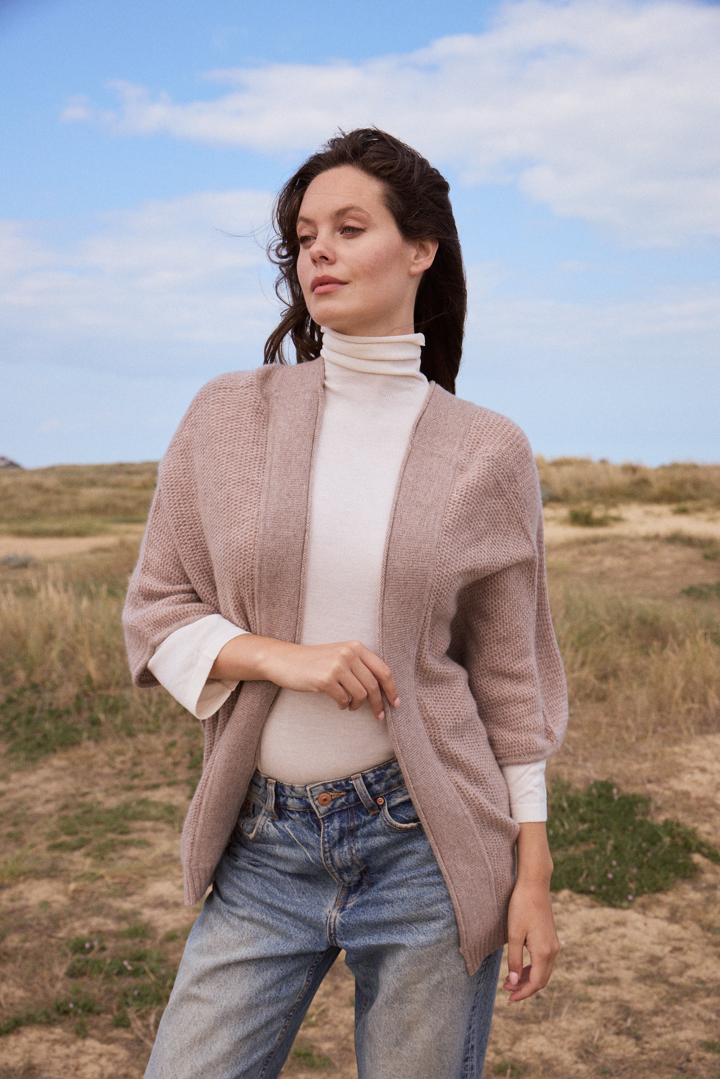 100% Cashmere 3/4 Length Open Cardigan With Batwing Sleeves