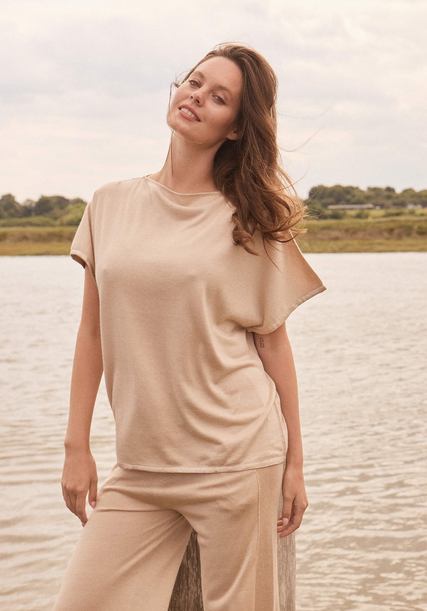 Short Sleeve Silk & Cashmere Boat Neck Top